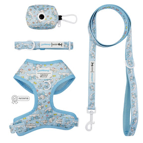 The Sassy Woof Dog Four Piece Bundle - Cinnamoroll™ features a light blue leash, collar, harness, and waste bag holder with a playful Sanrio dog print and white hardware—perfect for fans of Cinnamoroll dog accessories.