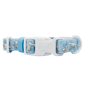 The Sassy Woof Dog Four Piece Bundle - Cinnamoroll™ features an adjustable light blue collar with a white buckle and cute bunny pattern—ideal for matching with your favorite Sanrio dog accessories.