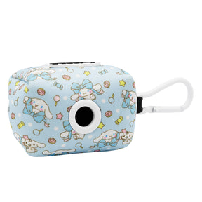 A blue rectangular bag with a white clip and black opening, featuring cute pastel Cinnamoroll™ bunnies, stars, and candies—perfect for pairing with your Sassy Woof Dog Four Piece Bundle - Cinnamoroll™ accessories.