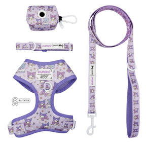 The Sassy Woof Dog Four Piece Bundle - Kuromi™ includes a lavender harness, collar, leash, and waste bag holder with cute cartoon cats and stars, white plastic hardware, brand tags, and adorable details for your pup.