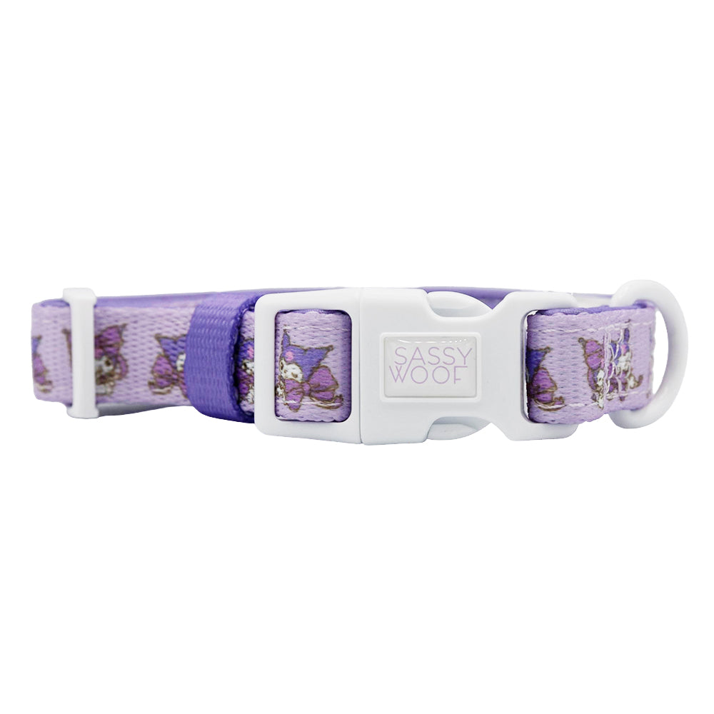 The Sassy Woof Collar Three Piece Bundle - Kuromi™ features a playful purple pattern and white plastic buckle—perfect to pair with your favorite Kuromi dog accessories.