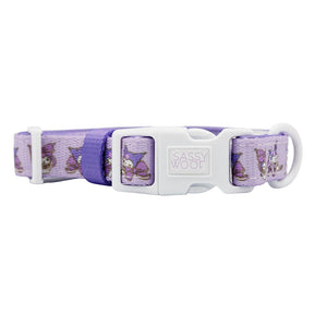 The Sassy Woof Dog Collar - Kuromi™ features a purple adjustable design with a white buckle, decorated with cartoon French Bulldogs and the embossed Sassy Woof name—perfect for fans of playful styles like Hello Kitty dog accessories.