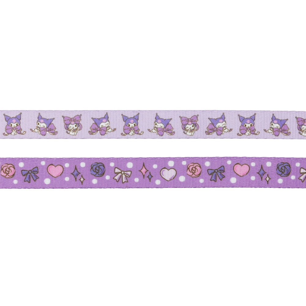 The Sassy Woof Dog Leash - Kuromi™ features a light purple ribbon with cartoon characters, cat ears, hearts, stars, roses, bows, and sparkles in pastel colors—perfect for matching Hello Kitty dog accessories or a cute harness. White dots on the background.
