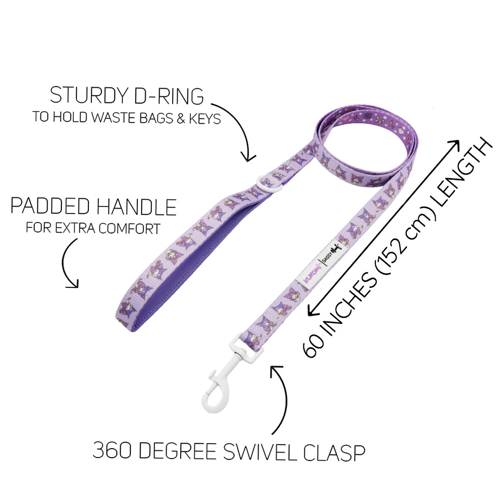 The Sassy Woof Dog Two Piece Bundle - Kuromi™ includes a 60-inch purple leash with padded handle, sturdy D-ring, 360° swivel clasp, and cute small dog prints. Perfectly pairs with Kuromi™ harnesses for your pup’s daily walks.