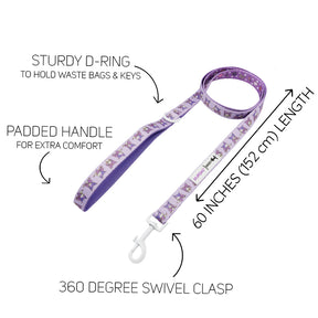 The Sassy Woof Dog Four Piece Bundle - Kuromi™ features a purple leash with paw prints, padded handle, sturdy D-ring for waste bags or keys, and swivel clasp—perfect to pair with your favorite Hello Kitty dog gear. Total length: 60 inches (152 cm).