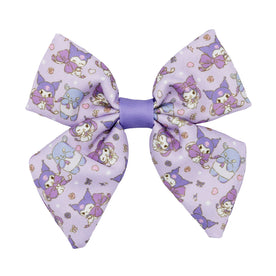A lavender Dog Sailor Bow - Kuromi™ from Sassy Woof, adorned with cute animal characters and tiny star and flower motifs, plus a solid purple center knot—perfect to pair with any stylish dog collar.