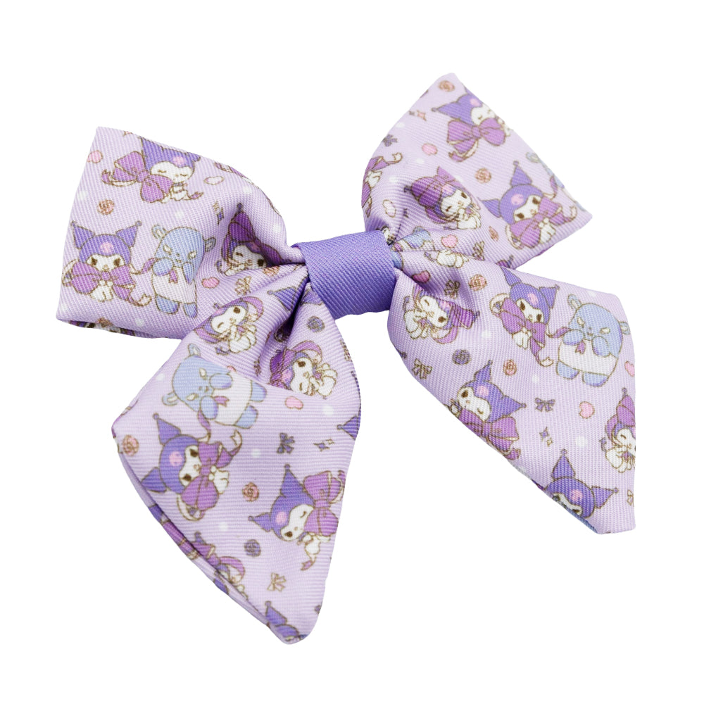 The Sassy Woof Dog Sailor Bow - Kuromi™ features playful cartoon animals, hearts, and paw prints in lavender—ideal for fans of cute styles or Kuromi dog accessories.