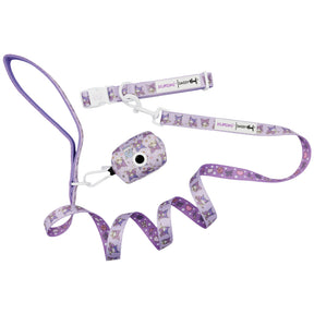 The Sassy Woof Collar Three Piece Bundle - Kuromi™ includes a purple adjustable collar with a white clasp, leash, and matching waste bag holder with a black button, all featuring adorable animal and heart designs.