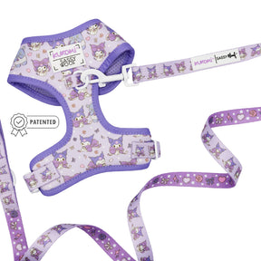 The Sassy Woof Dog Two Piece Bundle - Kuromi™ features a purple harness and leash set with matching cartoon Kuromi patterns and hearts, adjustable fit, and purple trim—perfect for Hello Kitty dog accessory fans.