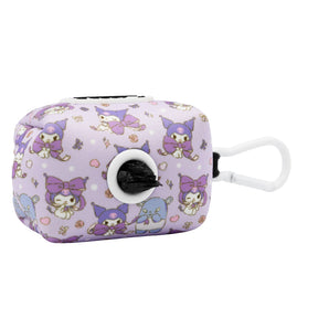 The Sassy Woof Dog Waste Bag Holder - Kuromi™ is a purple neoprene holder with cartoon Kuromi designs, a white clip, and a black waste bag—ideal for Kuromi or Hello Kitty dog accessory fans.
