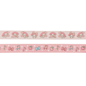 The Sassy Woof Dog Leash - My Melody™ features a pattern of cartoon bunnies in pink hats and cute designs like musical notes, strawberries, bows, and hearts on a pink background.