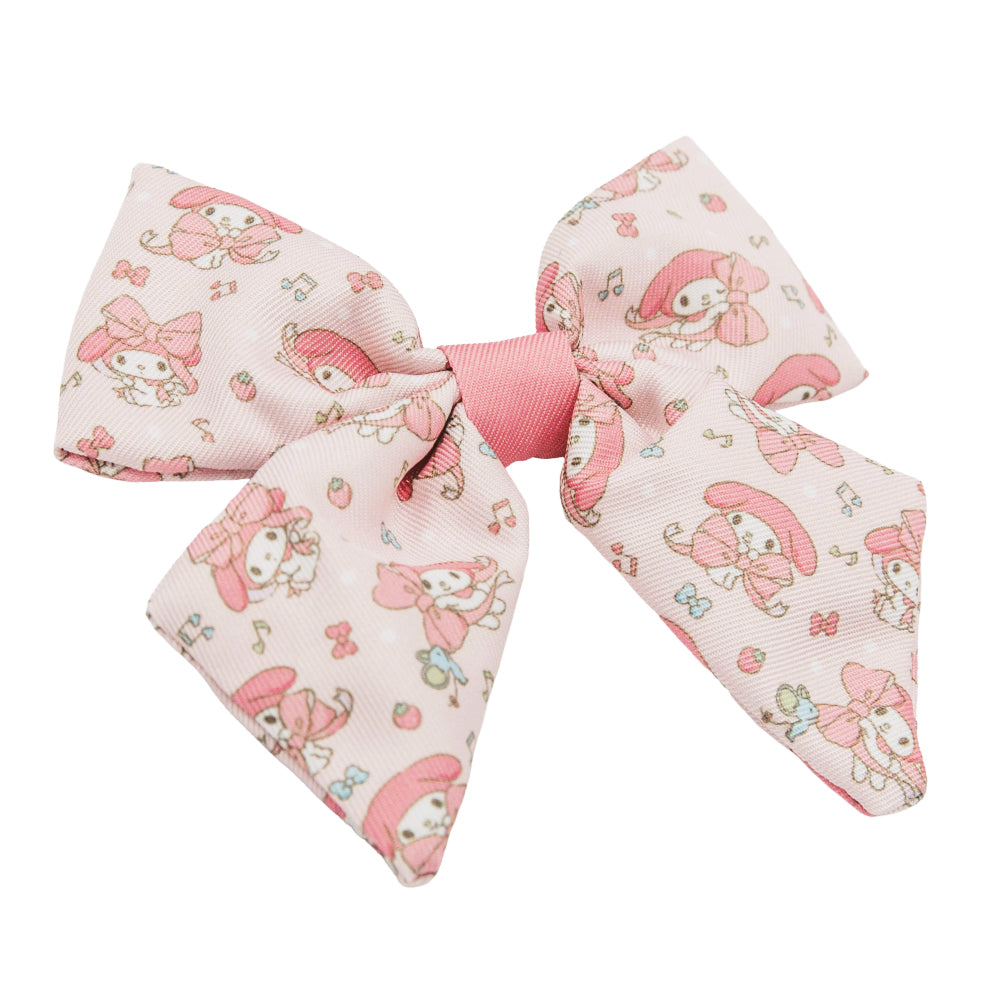 The Sassy Woof Dog Sailor Bow - My Melody™ features wide loops, pointed ends, and a solid pink band with cute cartoon bunnies, strawberries, and musical notes—perfect for dog accessories or kawaii fans.
