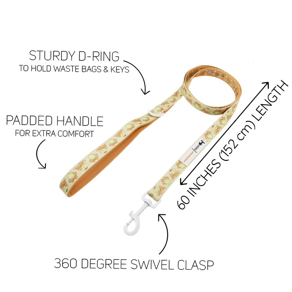 The Sassy Woof Dog Leash - Pompompurin™ features a cartoon dog print, padded neoprene handle, sturdy D-ring for bags or keys, 360° swivel clasp, and is 60" (152 cm) long. Labels highlight features to pair easily with an adjustable harness.