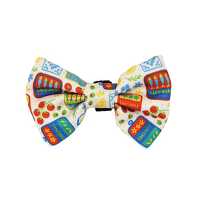 The Cat Bowtie - Portofino by Sassy Woof features playful sardine tin, tomato, olive, and herb illustrations on a white background—perfect for adding charm to any lightweight cat collar.