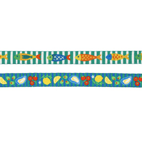 The Sassy Woof Cat Bundle - Portofino includes two decorative ribbons: one with colorful fish and green stripes, and another with lemons, oysters, tomatoes, and olives on blue—ideal accents for your cat's leash or adjustable harness.