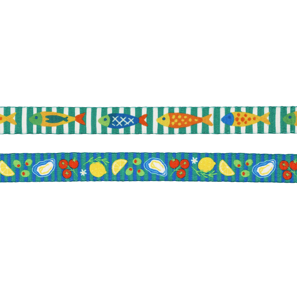 Add a splash of color to your cat walks with the Sassy Woof Cat Leash - Portofino, featuring lively designs of fish, lemons, oysters, tomatoes, and olives—perfect for stylish outings!.