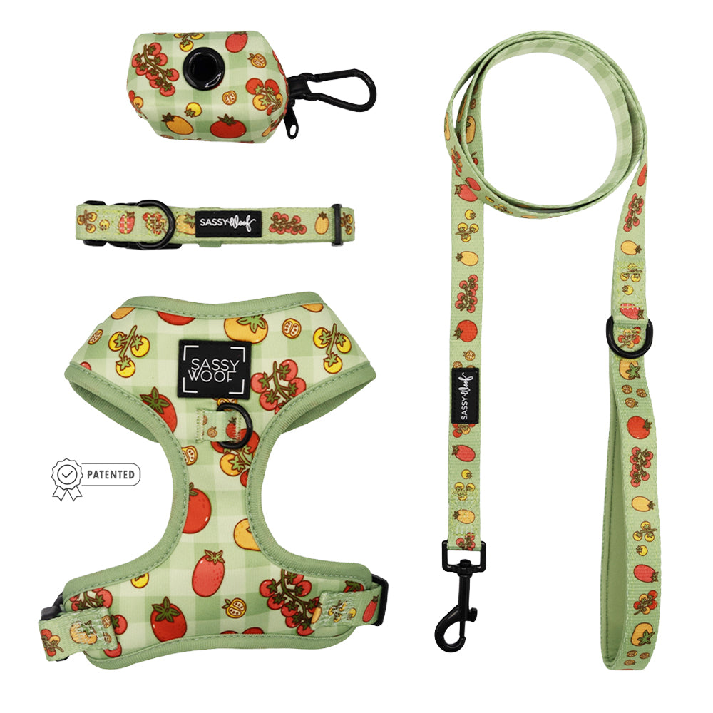 The Sassy Woof Dog Four Piece Bundle - Feeling Vine features a green and cream plaid design with red and yellow tomatoes. This adjustable set includes a harness, collar, leash, and waste bag holder with black clips and “Sassy Woof” branding.