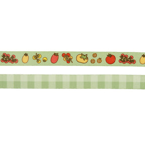 The Sassy Woof Dog Four Piece Bundle - Feeling Vine features two ribbons: the top is light green with playful tomato illustrations, and the bottom has a light green and white checkered pattern—perfect for plant-loving pups.