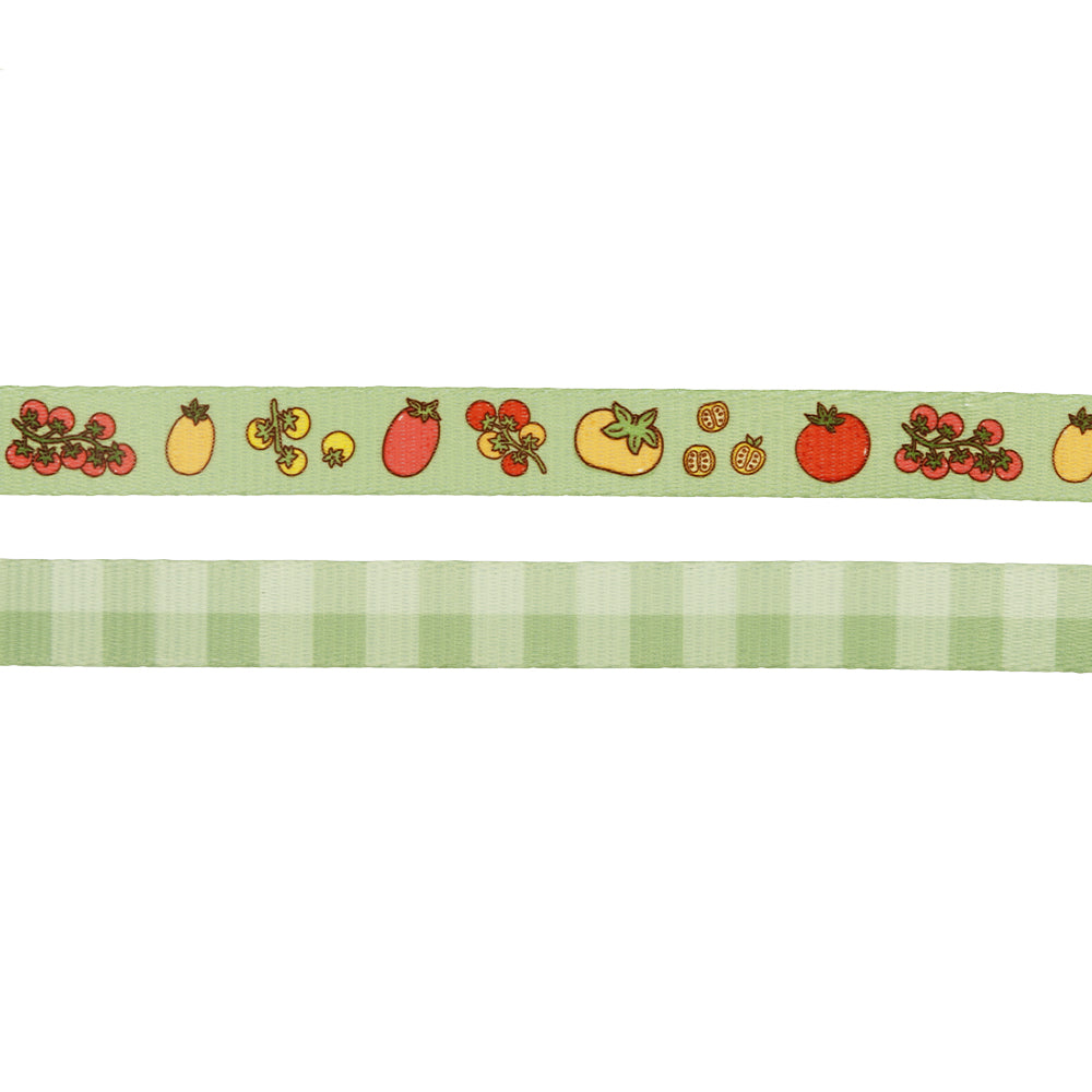 The Sassy Woof Dog Three Piece Bundle - Feeling Vine features two ribbons: a top green one with vibrant red, yellow, and orange tomato slices for plant-inspired style, and a light green ribbon with subtle plaid for extra charm.