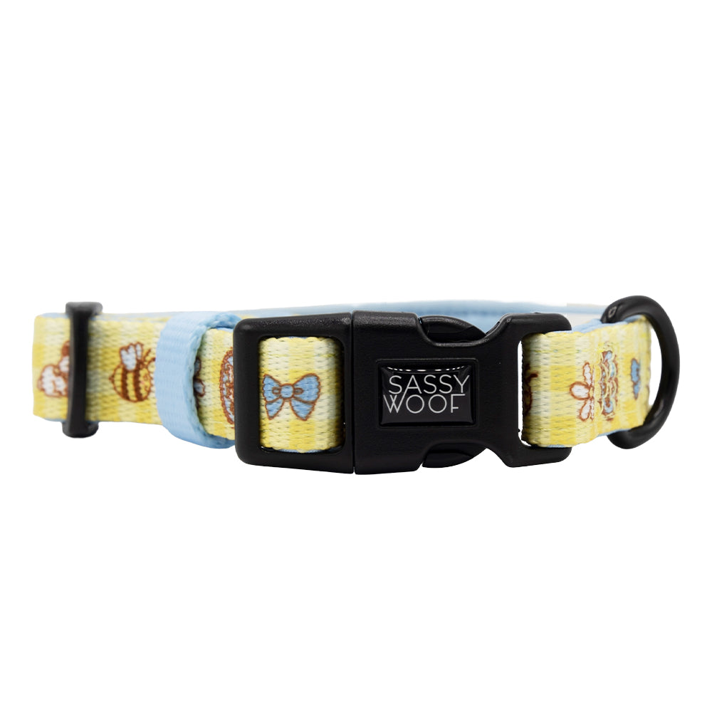 The Sassy Woof Dog Three Piece Bundle - Patch Perfect features a yellow collar with light blue lining, bees and bows decor, black plastic Sassy Woof buckle, metal D-ring, and is perfect for Puppy Growth Pawtection Plan pups.