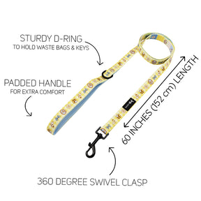 The Sassy Woof Dog Leash - Patch Perfect features a yellow neoprene padded handle, sturdy D-ring for bags or keys, 360° swivel clasp, and is 60 inches (152 cm) long, with black arrows and labels highlighting each feature.