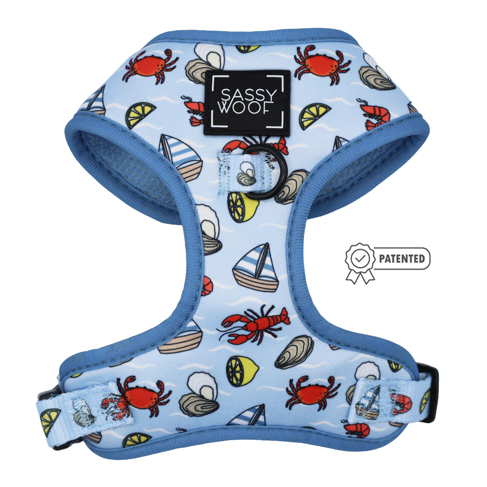 The Sassy Woof Dog Four Piece Bundle - Coastal Cuties features a blue adjustable harness with nautical prints—red crabs, sailboats, seashells—plus blue edging, back D-ring, and a “PATENTED” badge.