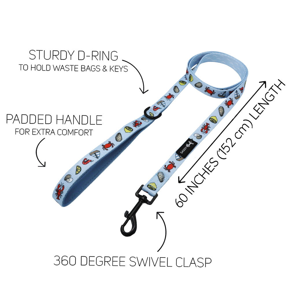 The Sassy Woof Dog Two Piece Bundle - Coastal Cuties features a light blue leash with cartoon designs, sturdy D-ring, padded handle, 60-inch length, and 360° swivel clasp. Text/arrows highlight features. Pair it with the matching adjustable harness!.