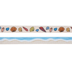 Two horizontal strips: the top features colorful illustrated seashells on beige, while the bottom shows blue waves on white—perfect for showcasing Sassy Woof's Dog Four Piece Bundle - Shell Yeah in a playful beach scene.