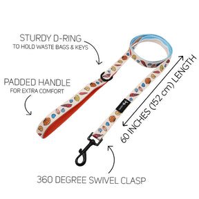 The Sassy Woof Dog Three Piece Bundle - Shell Yeah features a colorful, patterned leash with padded handle, sturdy D-ring for bags and keys, 60-inch length, and 360° swivel clasp. Each feature is highlighted on a white background.