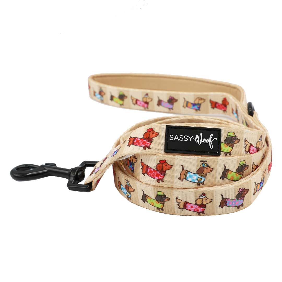 A beige dog leash from Sassy Woof’s Dog Two Piece Bundle - Sunbean, decorated with colorful cartoon dachshunds in various outfits to perfectly match your Doxie pattern harness, and featuring a black metal clip along with a black Sassy Woof logo patch.