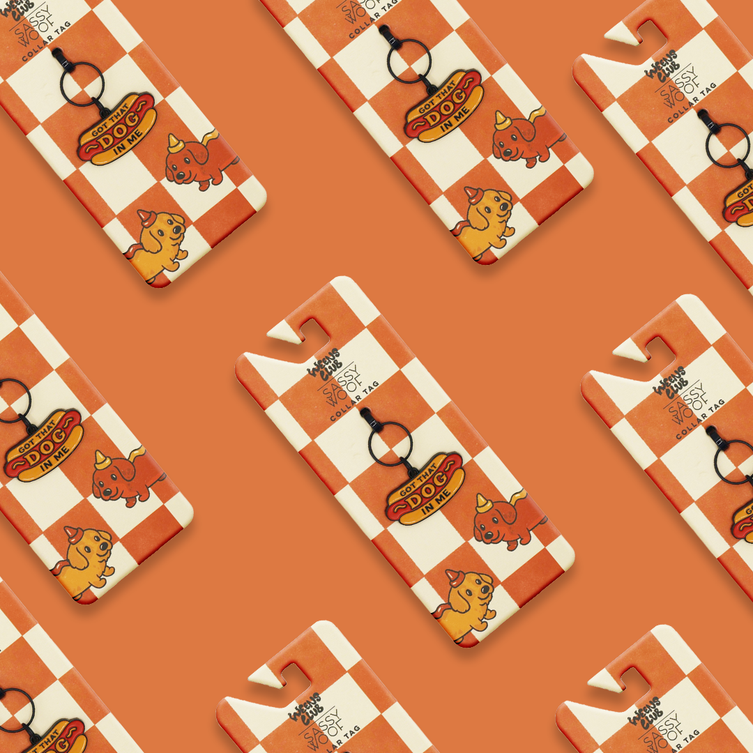 Several Sassy Woof Collar Tag - Hot Dawg tags with orange and white checkered patterns and cute Yuna Bugs weenie-inspired cat illustrations are arranged diagonally on an orange background, each with a circular hole and small metal ring.