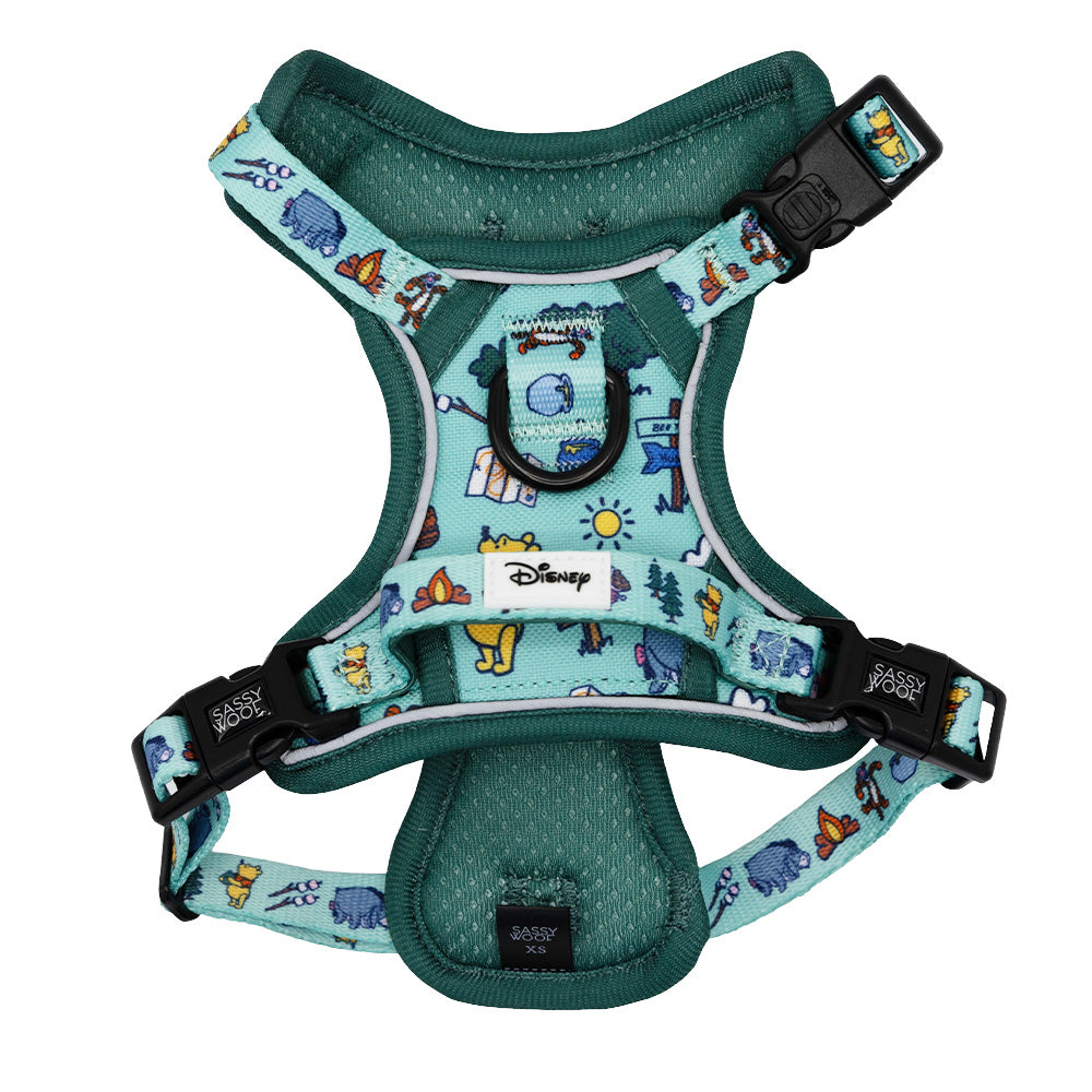 The Sassy Woof Dog Step-in Harness – Disney's Winnie the Pooh features teal and mint green hues, outdoor-inspired illustrations of beloved characters, black buckles, and a Disney-branded label.