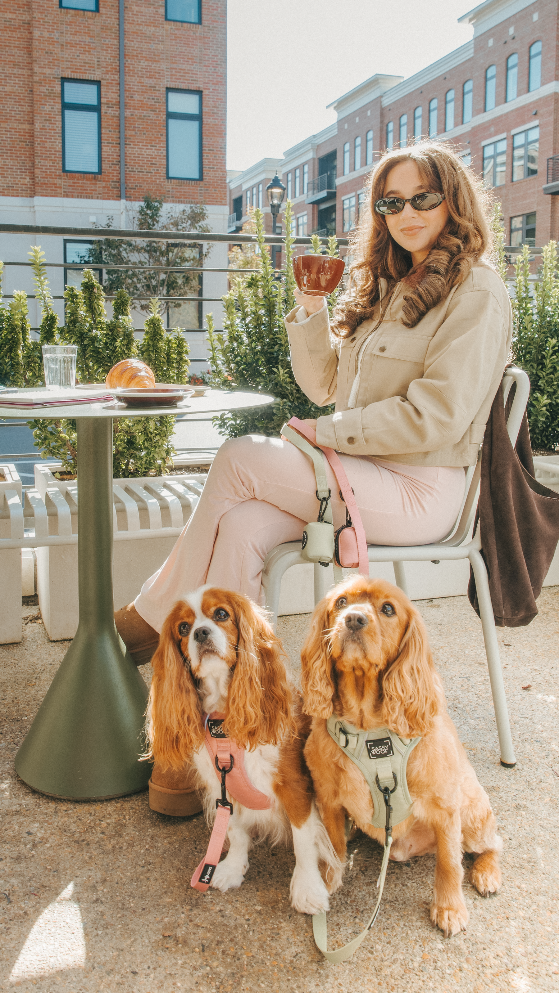 A woman at an outdoor café relaxes with coffee as two Cavalier King Charles Spaniels in Sassy Woof’s Matcha Dog Two Piece Bundle rest by her feet. A croissant and glass of water sit on the table, with city buildings behind her.