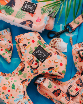 Sassy Woof’s Dog Two Piece Bundle – Disney’s Moana features tropical, ocean-inspired harnesses and leashes arranged on a blue cloth with seashells and palm leaves.