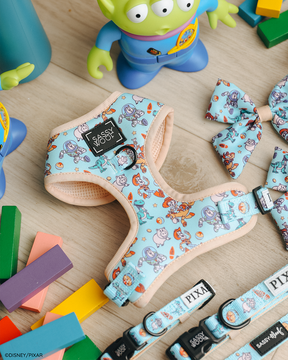 The Sassy Woof Dog Adjustable Harness - Disney and Pixar's Toy Story, featuring an alien print, is shown with matching accessories on a wooden surface, surrounded by colorful toy blocks and a green alien figurine.