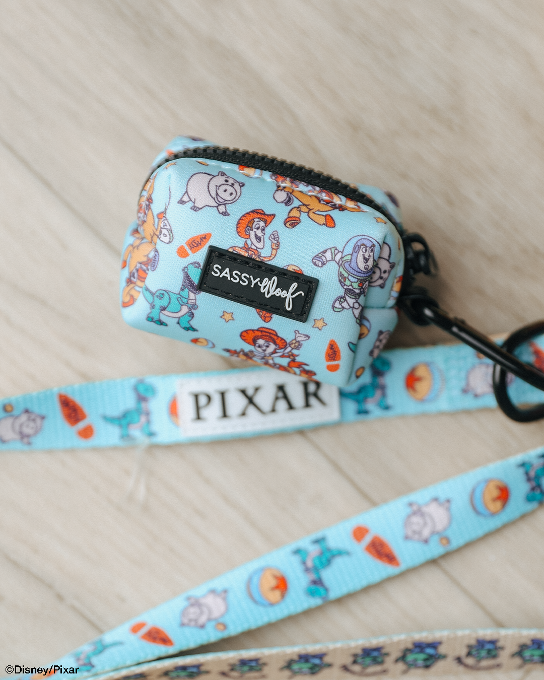 The Sassy Woof Dog Waste Bag Holder - Disney and Pixar's Toy Story features fan-favorite characters and comes with a matching PIXAR lanyard—essential Disney dog accessories, shown on a light-colored surface.