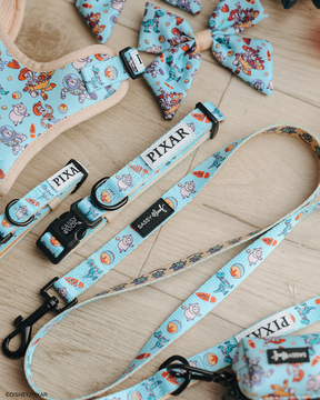 The Sassy Woof Dog Leash - Disney and Pixar's Toy Story features colorful Toy Story characters and ice cream motifs, displayed on a wooden surface with matching blue accessories from the collection.