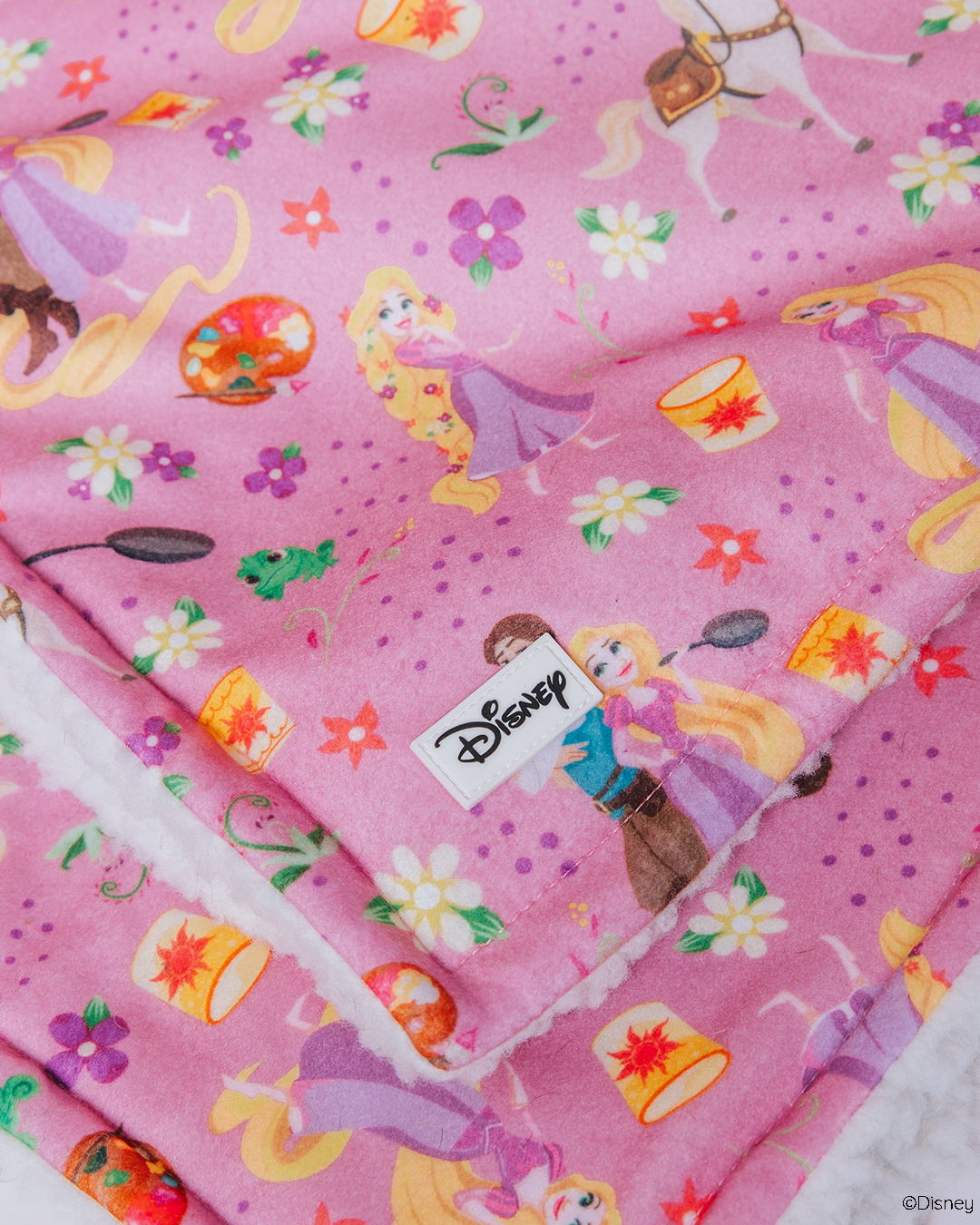 The Sassy Woof Pet Blanket - Disney's Rapunzel is a soft pink dog blanket with Rapunzel, flowers, horses, lanterns, and paint palettes in the design; a Disney tag appears on the folded corner.
