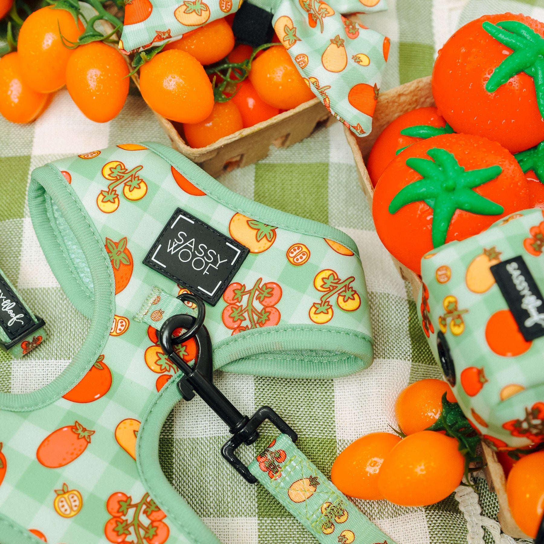 Sassy Woof’s “Feeling Vine” adjustable dog harness, leash, and waste bag holder with a tomato print are displayed on green checkered cloth alongside artificial tomatoes and matching fabric.