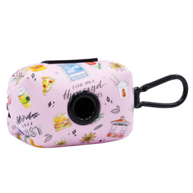 The Sassy Woof Dog Waste Bag Holder - Gilmore Girls™ is a pink neoprene holder with a black clip, fun food doodles, and phrases—ideal for anyone who loves the charm of Stars Hollow.