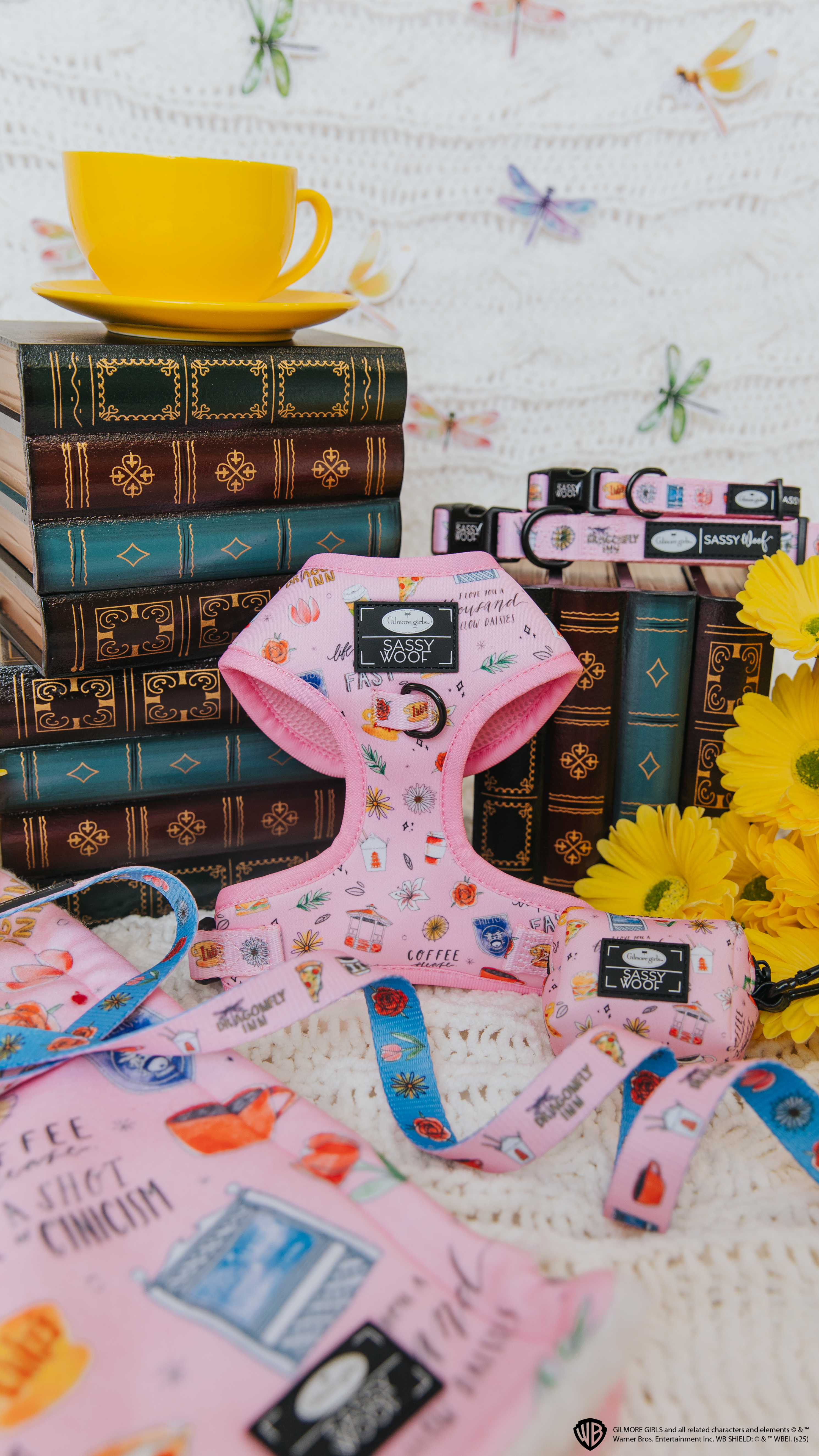 Pink dog harness with floral pattern on a decorative background with books and flowers.