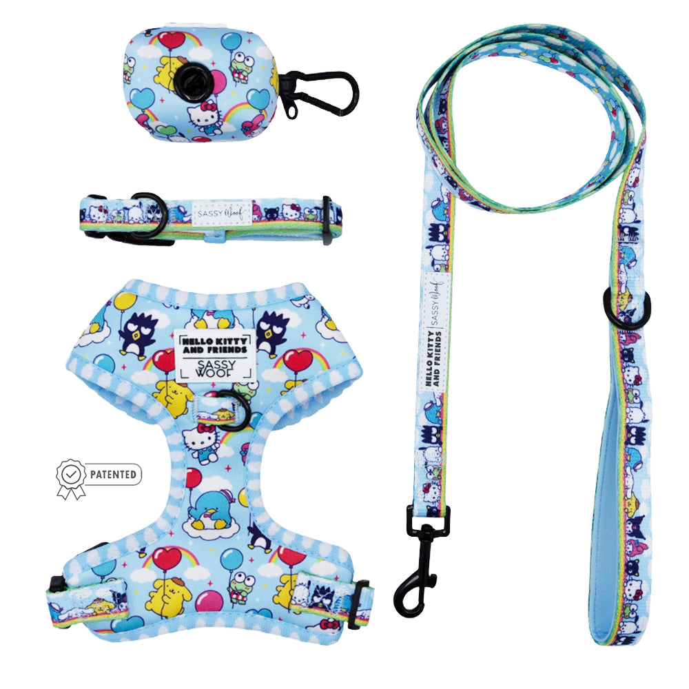 The Sassy Woof Dog Four Piece Bundle - Hello Kitty® & Friends In the Sky includes a harness, collar, leash, and waste bag holder with Hello Kitty and friends among balloons and stars on light fabric, plus a patented badge.