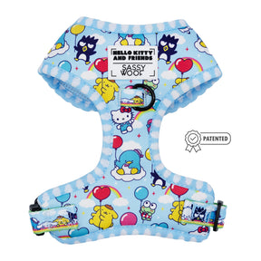 The Sassy Woof Dog Two Piece Bundle - Hello Kitty® & Friends In the Sky features a light blue harness with Hello Kitty and friends, clouds, and balloons. Includes “Sassy Woof” label and patent icon. Pair with the matching Sanrio leash.
