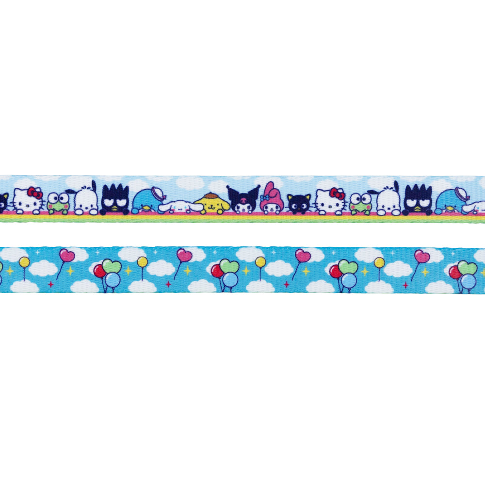 The Sassy Woof Dog Leash - Hello Kitty® & Friends In the Sky features cartoon animals and cats, with clouds, hearts, balloons, and stars on a sky-blue background for a cute walk-ready look.