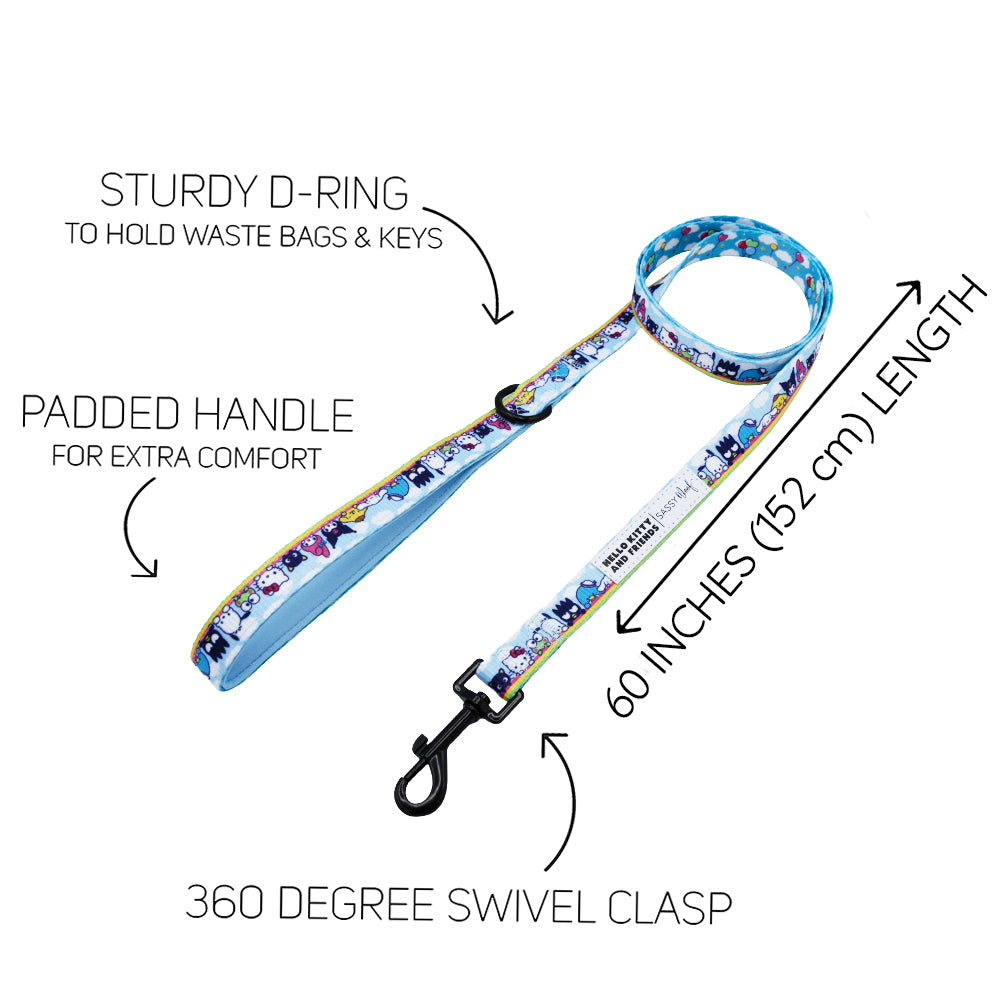 The Sassy Woof Dog Leash - Hello Kitty® & Friends In the Sky features cartoon prints, a sturdy D-ring, padded handle, and 60-inch length—a perfect Sanrio-inspired accessory for any Hello Kitty fan.