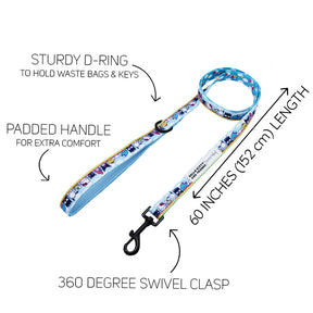 The Sassy Woof Dog Leash - Hello Kitty® & Friends In the Sky features cartoon prints, a sturdy D-ring, padded handle, and 60-inch length—a perfect Sanrio-inspired accessory for any Hello Kitty fan.
