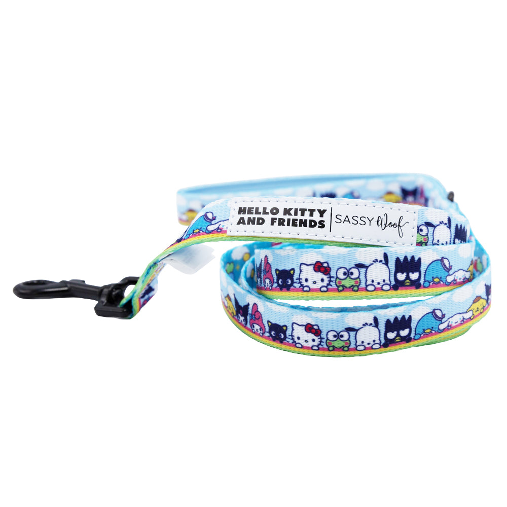A blue Sassy Woof dog leash from the Hello Kitty® & Friends In the Sky bundle, featuring cute Sanrio characters, a black clip, and a white "HELLO KITTY AND FRIENDS SASSY WOOF" label.