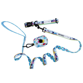 Add fun Sanrio style to walks with the Sassy Woof Collar Three Piece Bundle - Hello Kitty® & Friends In the Sky. This set includes a blue leash handle, adjustable Hello Kitty collar, and matching waste bag holder with playful cartoon prints.