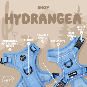 The Sassy Woof Dog Four Piece Bundle - Hydrangea features adjustable straps, two D-rings, a three-buckle step-in design, reflective strips, safety lock, and back handle. Shop pastel pet accessories with Hydrangea.