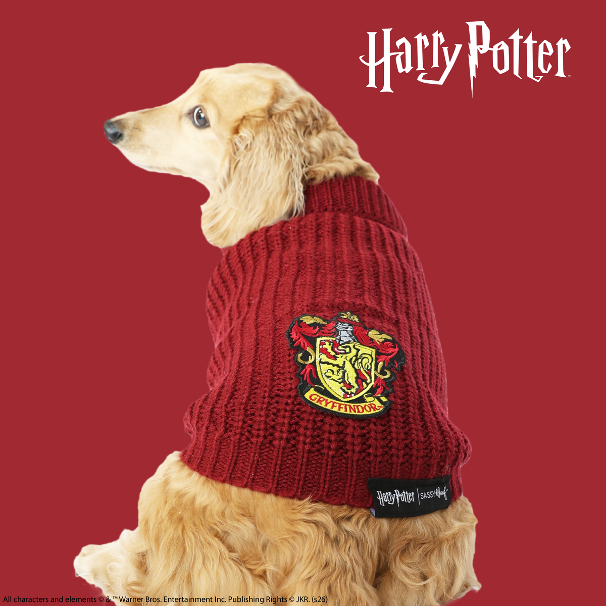 A golden retriever models the Sassy Woof Pet Cable Knit Sweater - Harry Potter™ Gryffindor, showcasing its red cable knit design and iconic Gryffindor crest while sitting against a matching red background.